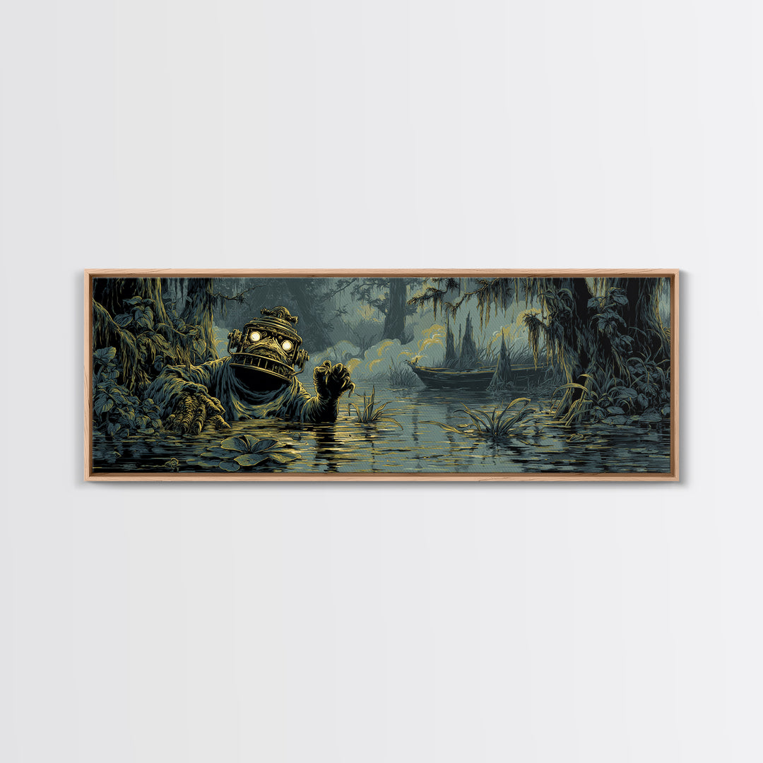 The Creature Of Lantern Lagoon, Gothic Engraving Art, Extra Wide Wall Art, Dark Halloween Decor, Framed Canvas Print
