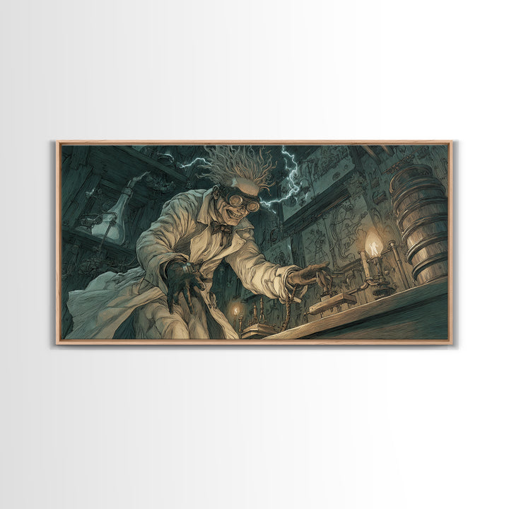 Doctor Vesper'S Resurrection Engine, Expressionist Nightmare Art, Wide Panoramic Art, Gothic Horror Wall Art, Framed Canvas Print