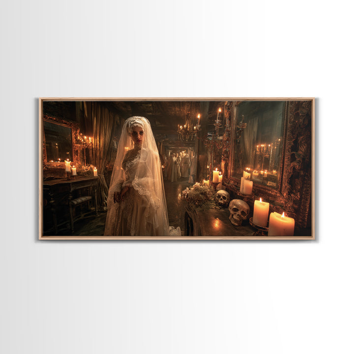 The Wax Bride Of Mourning Hall, Grotesque Carnival Art, Wide Panoramic Art, Gothic Horror Wall Art, Canvas Print, Halloween Wall Art