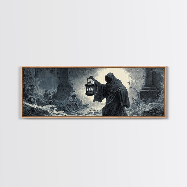 The Lantern-Bearer Of R’Lyeh, Gothic Engraving Art, Extra Wide Wall Art, Dark Fantasy Wall Art, Canvas Print, Halloween Wall Art