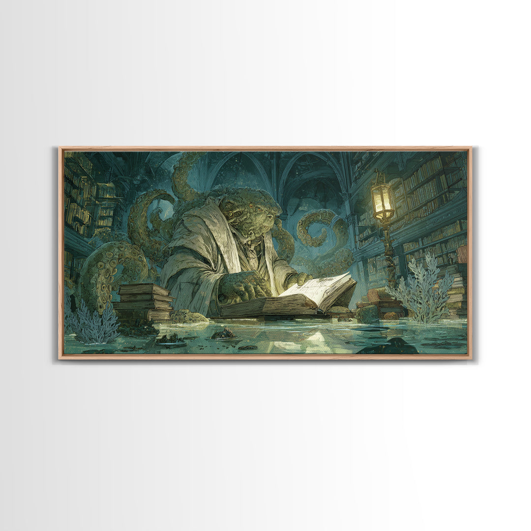 The Librarian Of Forbidden Tides, Expressionist Nightmare Art, Wide Panoramic Art, Macabre Wall Art, Canvas Print, Halloween Wall Art