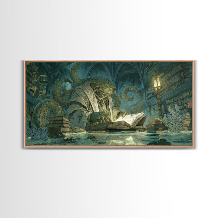 The Librarian Of Forbidden Tides, Expressionist Nightmare Art, Wide Panoramic Art, Macabre Wall Art, Canvas Print, Halloween Wall Art