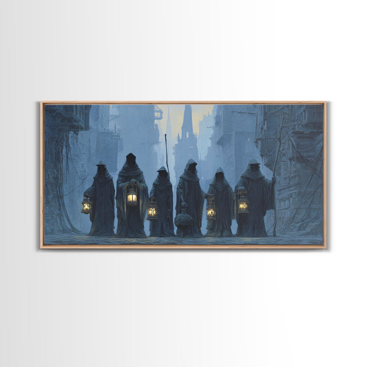 The Innsmouth Lantern Procession, Gothic Engraving Art, Wide Panoramic Art, Gothic Horror Wall Art, Canvas Print, Halloween Wall Art