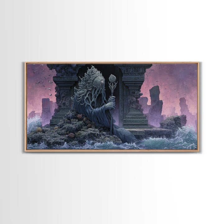 The Keeper Of The Black Reef Key, Symbolist Gothic Landscape, Wide Panoramic Art, Dark Fantasy Wall Art, Canvas Print, Halloween Wall Art