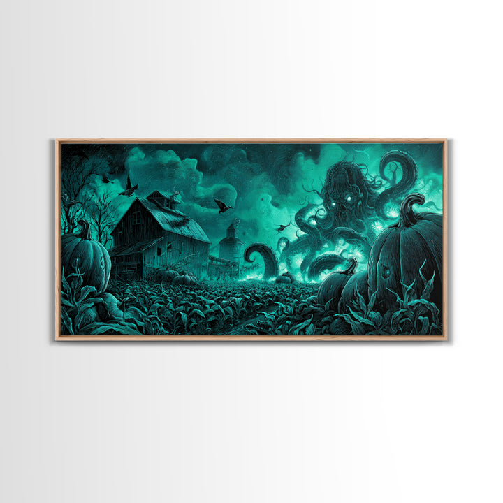 The Harvest Of The Eldritch Field, Biomechanical Horror Art, Wide Panoramic Art, Eldritch Wall Decor, Framed Canvas Print