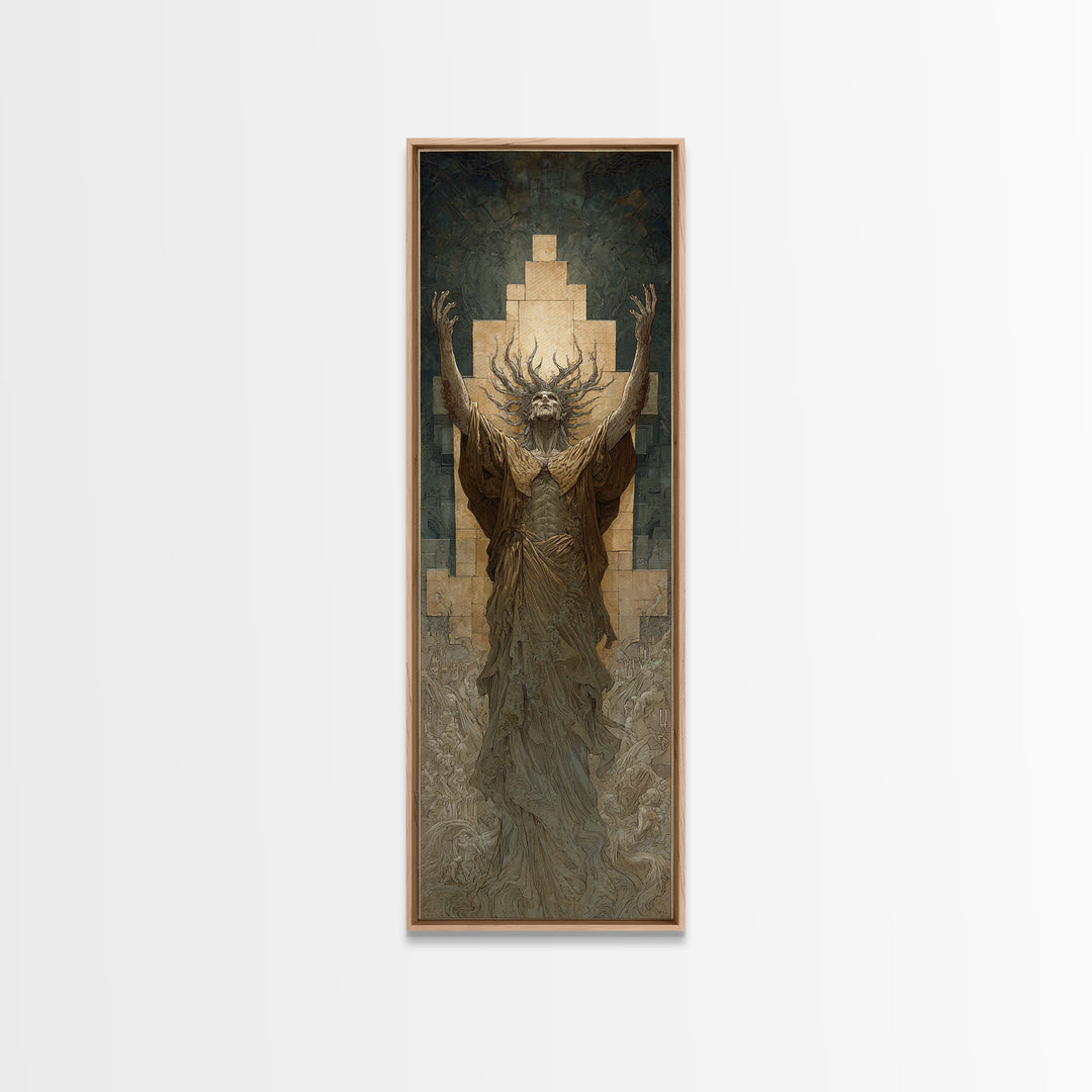 The Crown Of The Tentacled Saint, Gothic Engraving Art, Tall Narrow Wall Art, Eldritch Wall Decor, Framed Canvas Print