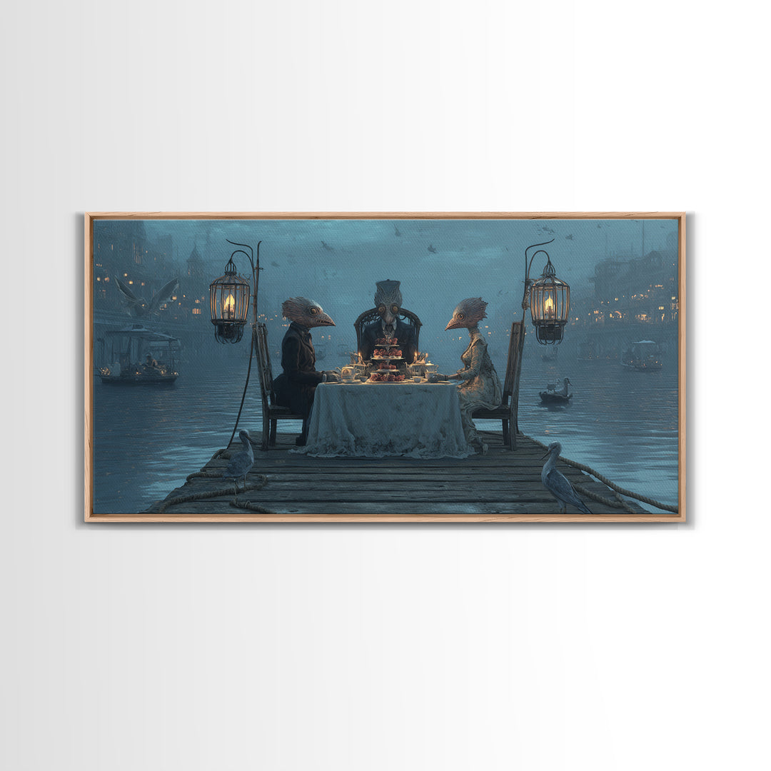 The Tea Party At Innsmouth Pier, Grotesque Carnival Art, Wide Panoramic Art, Dark Fantasy Wall Art, Canvas Print, Halloween Wall Art
