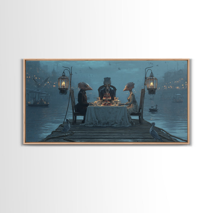 The Tea Party At Innsmouth Pier, Grotesque Carnival Art, Wide Panoramic Art, Dark Fantasy Wall Art, Canvas Print, Halloween Wall Art