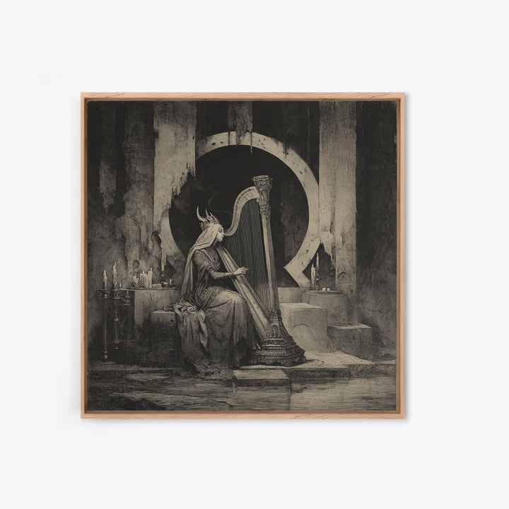 The Harpist Of Abyssal Sleep, Symbolist Dream Art, Square Wall Art, Dark Halloween Decor, Framed Canvas Print, Halloween Wall Art
