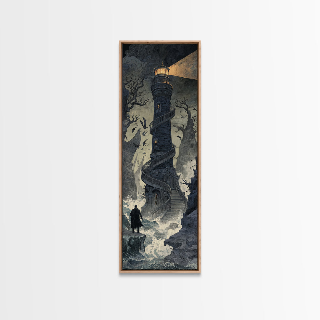 The Last Lighthouse Of Y’Ha-Nthlei, Symbolist Gothic Landscape, Tall Narrow Wall Art, Cosmic Horror Art, Canvas Print, Halloween Wall Art
