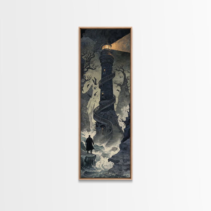 The Last Lighthouse Of Y’Ha-Nthlei, Symbolist Gothic Landscape, Tall Narrow Wall Art, Cosmic Horror Art, Canvas Print, Halloween Wall Art