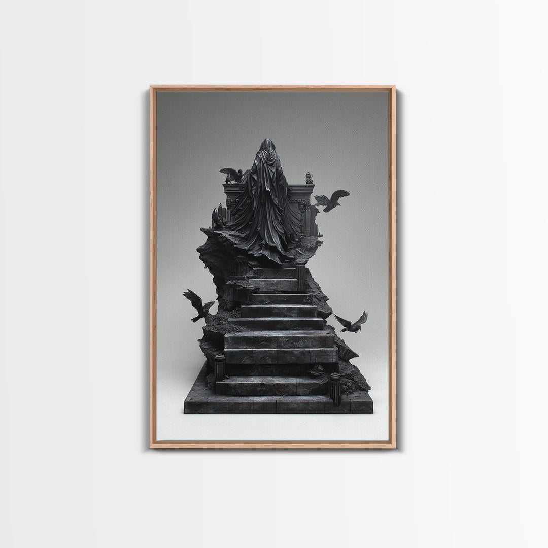 The Raven Sermon Of Leng, Biomechanical Horror Art, Vertical Wall Art, Dark Halloween Decor, Framed Canvas Print, Halloween Wall Art