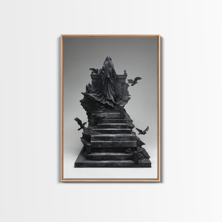 The Raven Sermon Of Leng, Biomechanical Horror Art, Vertical Wall Art, Dark Halloween Decor, Framed Canvas Print, Halloween Wall Art