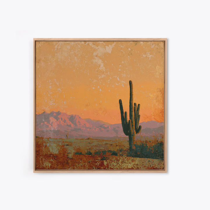 Saguaro Cactus under Orange Sunset Sky Framed Canvas Print, Desert Art, Textured Painting, Southwestern Decor, Fine Art, Desert, DES-1x1-1
