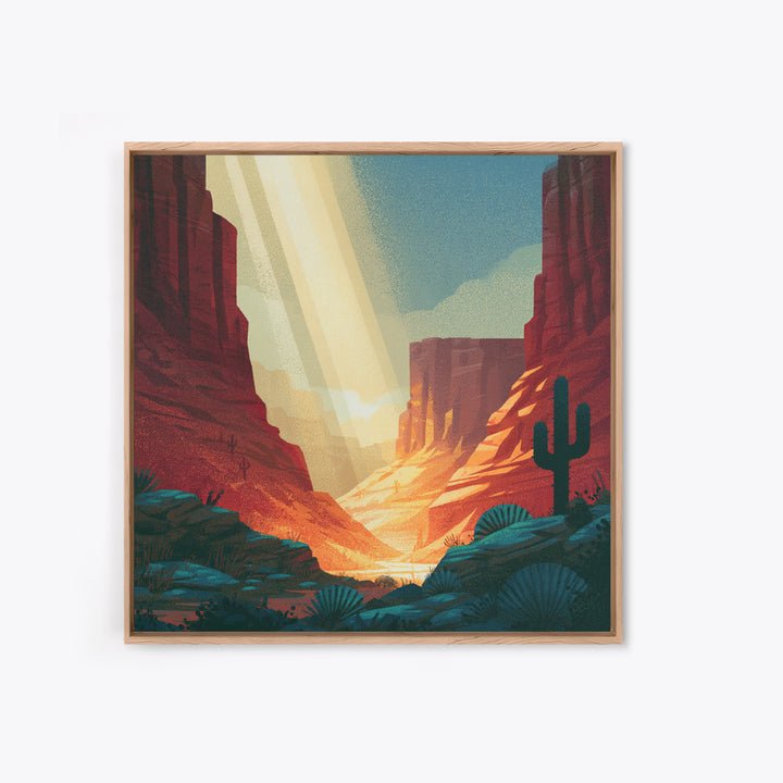 Sandstone Canyon with Dramatic Light Beam Framed Canvas Print, Desert Art, Abstract Wall Art, Southwestern Decor, DES-1x1-16