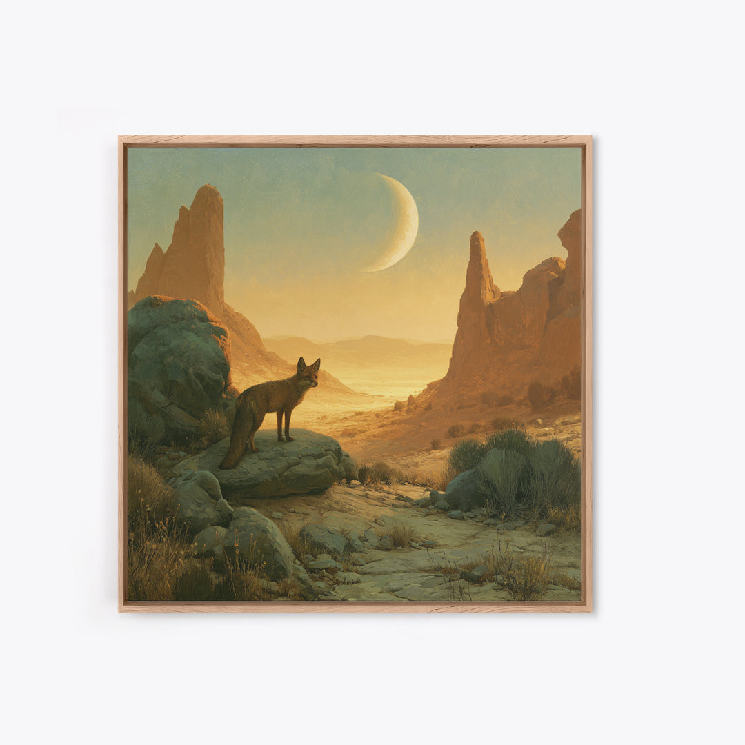 Desert Fox Beneath a Crescent Moon Canvas Print, Desert Art, Luxury Decor, Southwestern Decor, Fine Art, Desert, DES-1x1-17