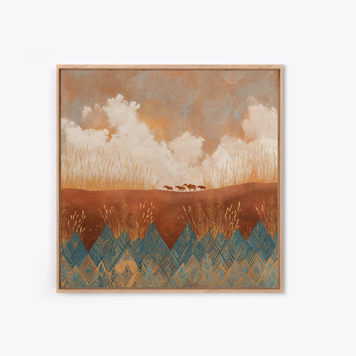 Saharan Dunes with Tiny Caravan Silhouettes Framed Canvas Print, Desert Art, Colorful Wall Art, Southwestern Decor, DES-1x1-2