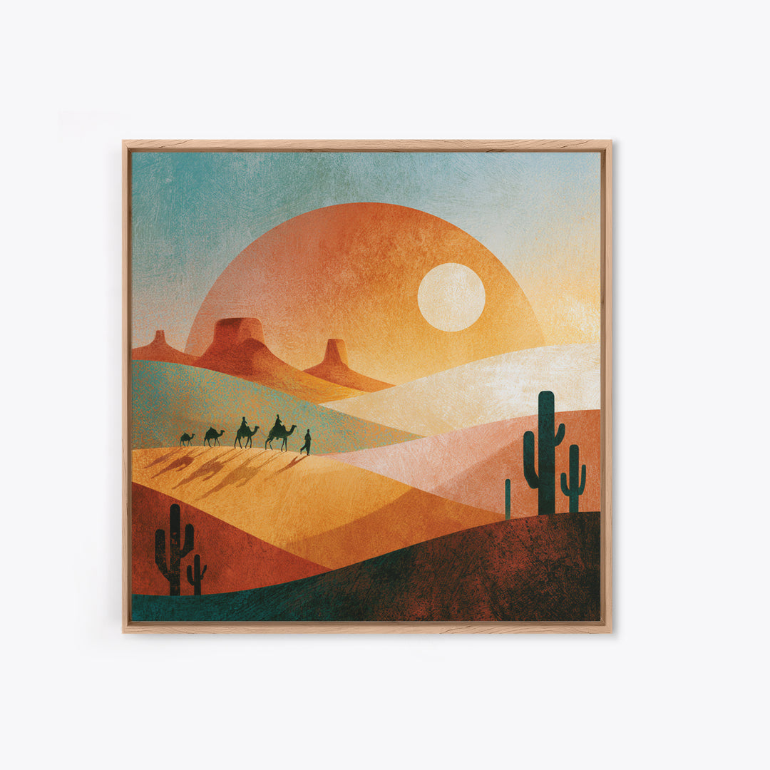 Saharan Dunes with Tiny Caravan Silhouettes Canvas Print, Desert Art, Neutral Decor, Southwestern Decor, Fine Art, Desert, DES-1x1-26