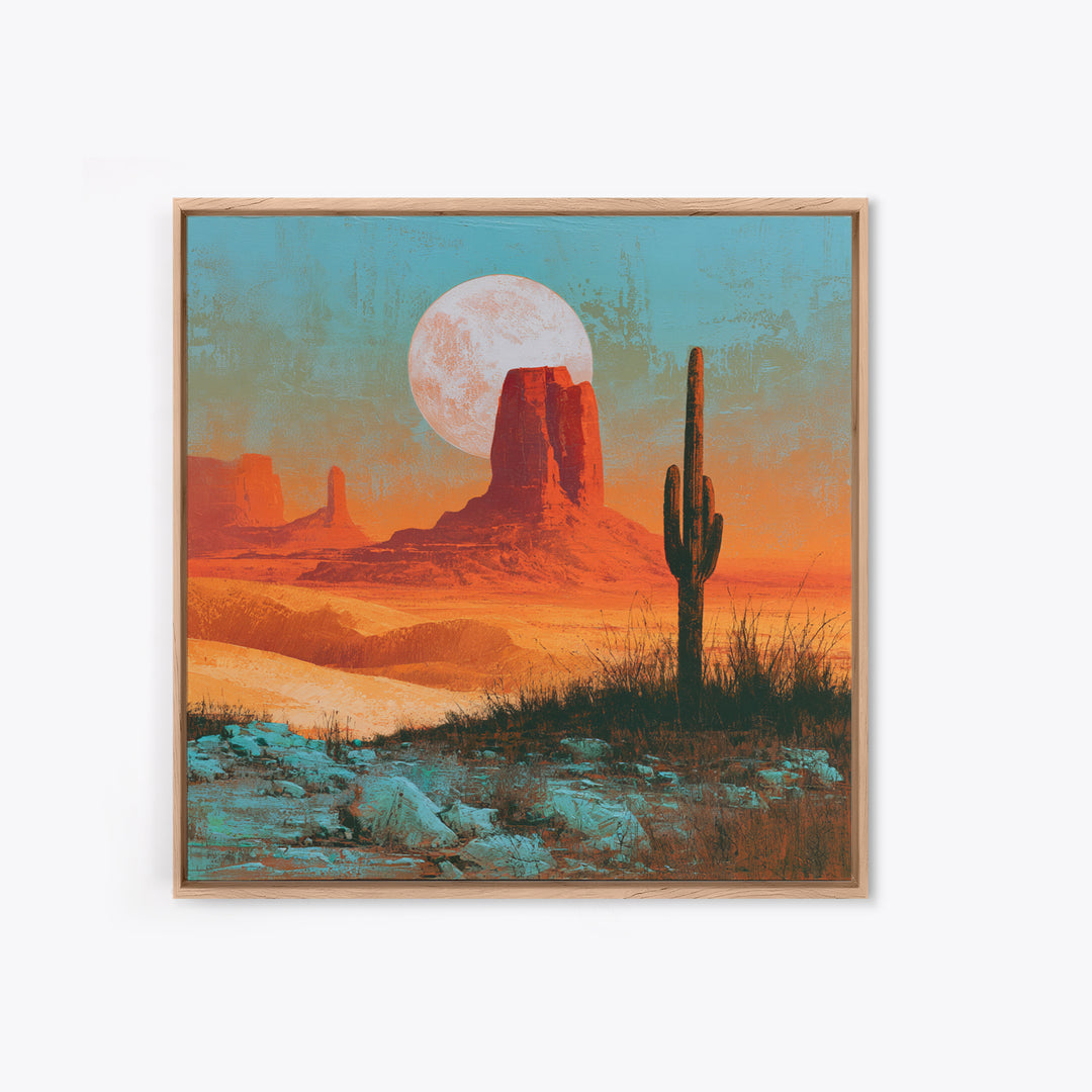 Desert Moon over Rolling Sand Framed Canvas Print, Desert Art, Fine Art Print, Southwestern Decor, Watercolor Art, Desert, DES-1x1-34