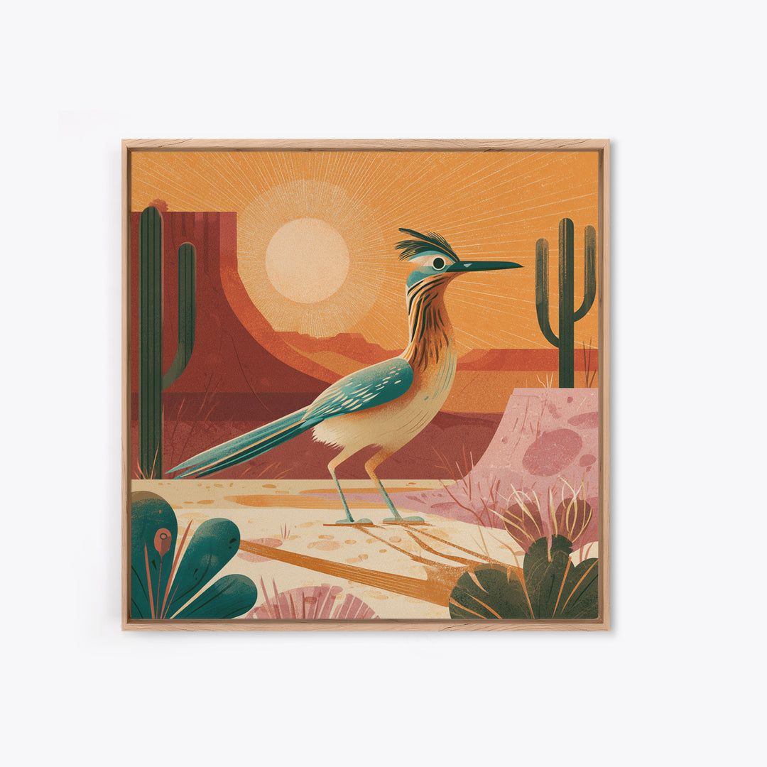Roadrunner Bird in a Dry Wash Framed Canvas Print, Desert Art, Statement Artwork, Southwestern Decor, Fine Art, Desert, DES-1x1-38