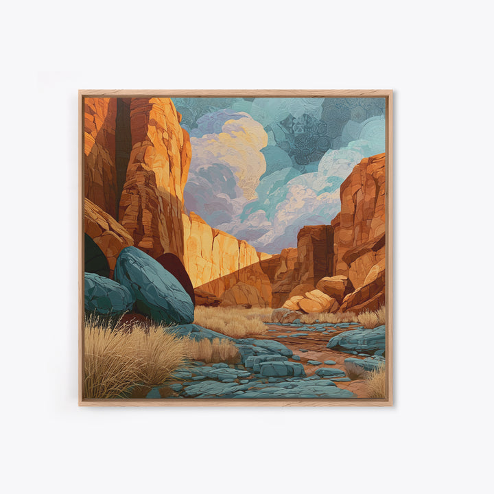 Sandstone Canyon with Dramatic Light Beam Framed Canvas Print, Desert Art, Textured Painting, Southwestern Decor, Desert, DES-1x1-40