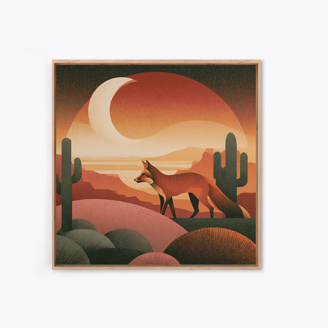 Desert Fox Beneath a Crescent Moon Framed Canvas Print, Desert Art, Wall Art, Southwestern Decor, Oil Painting, Desert, DES-1x1-41