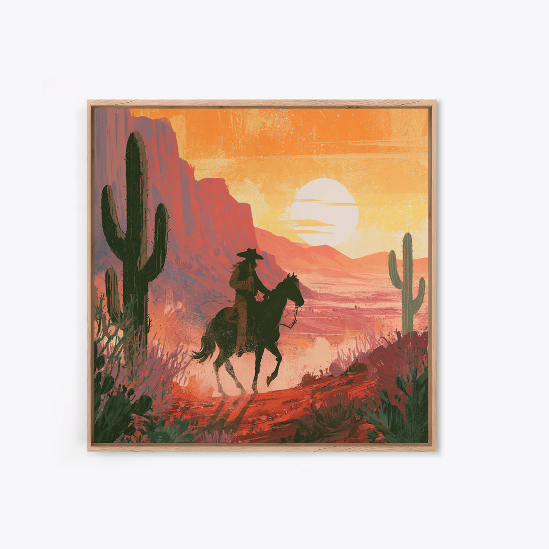 Dusty Horseback Rider at Sunset Framed Canvas Print, Desert Art, Modern Wall Art, Southwestern Decor, Fine Art, Desert, DES-1x1-47