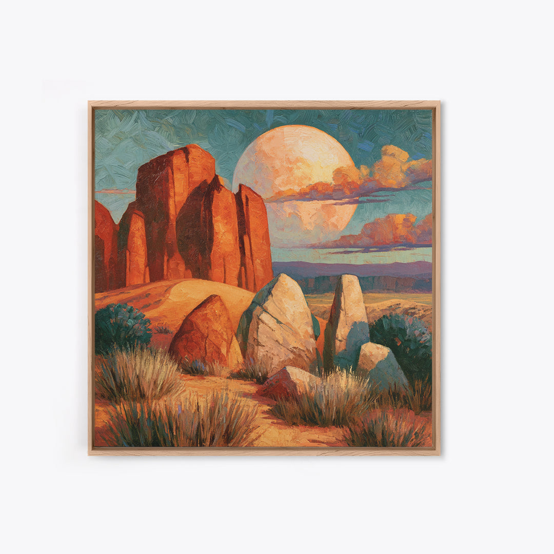 Desert Moon over Rolling Sand Framed Canvas Print, Desert Art, Fine Art Print, Southwestern Decor, Watercolor Art, Desert, DES-1x1-58