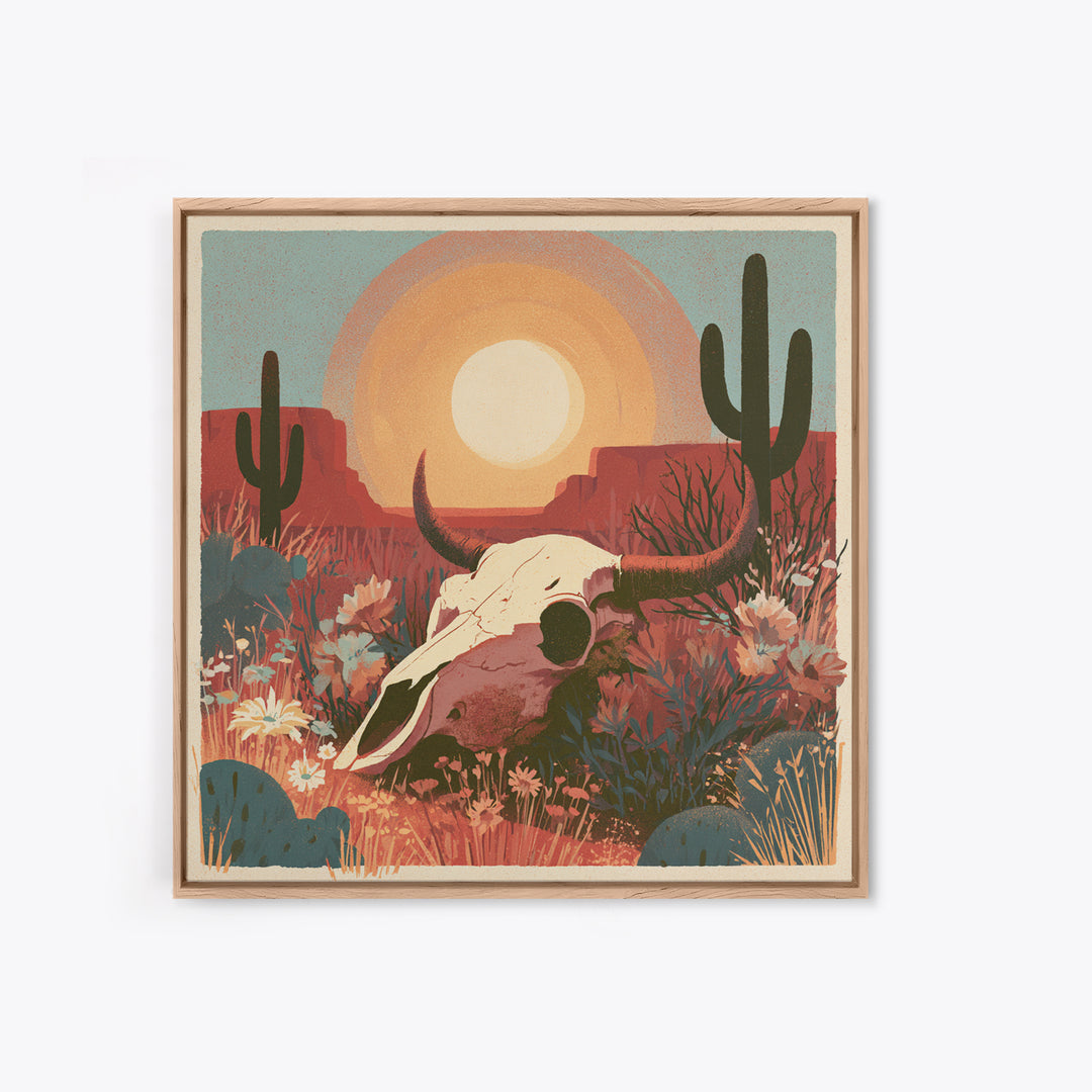 Sun Bleached Skull and Desert Flowers Canvas Print, Desert Art, Western Decor, Southwestern Decor, Desert, Modern Decor, DES-1x1-60