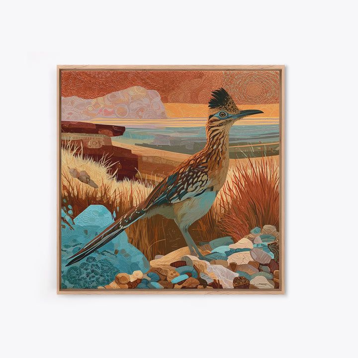 Roadrunner Bird in a Dry Wash Framed Canvas Print, Desert Art, Statement Artwork, Southwestern Decor, Fine Art, Desert, DES-1x1-62