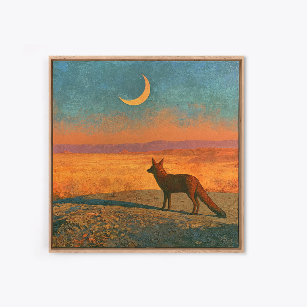Desert Fox Beneath a Crescent Moon Framed Canvas Print, Desert Art, Wall Art, Southwestern Decor, Oil Painting, Desert, DES-1x1-65