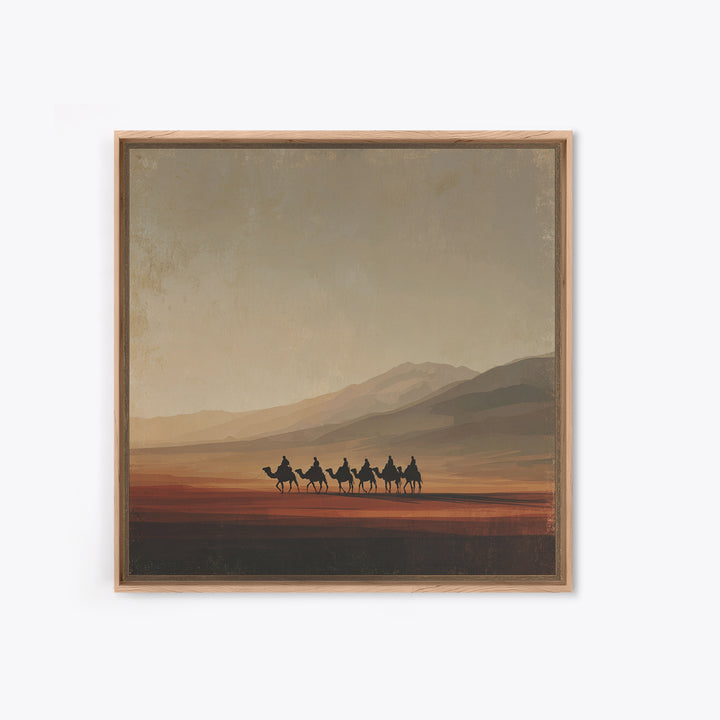 Camel Caravan Crossing Golden Dunes Framed Canvas Print, Desert Art, Living Room Decor, Southwestern Decor, Oil Painting, DES-1x1-7