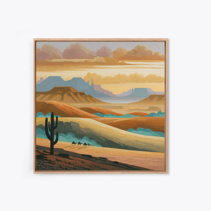 Saharan Dunes with Tiny Caravan Silhouettes Framed Canvas Print, Desert Art, Art Print, Southwestern Decor, Fine Art, Desert, DES-1x1-74