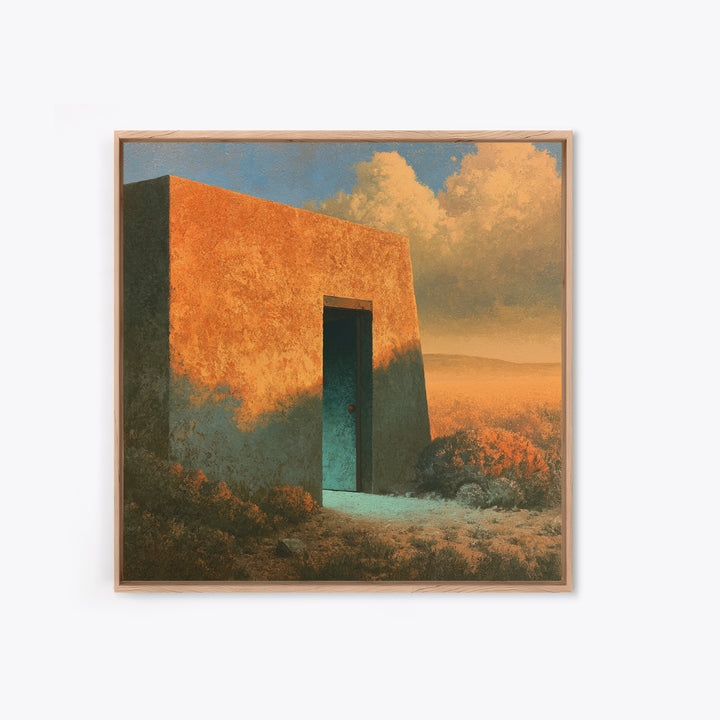 Adobe Doorway with Turquoise Shadow Canvas Print, Desert Art, Oil Painting, Southwestern Decor, Desert, Bedroom Wall Art, DES-1x1-77