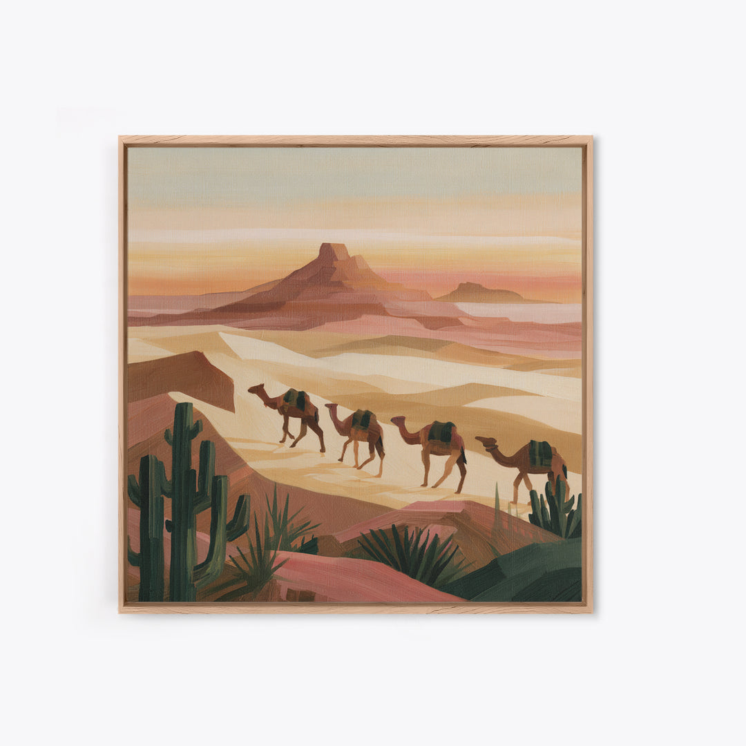 Camel Caravan Crossing Golden Dunes Framed Canvas Print, Desert Art, Art Print, Southwestern Decor, Fine Art, Desert, DES-1x1-79