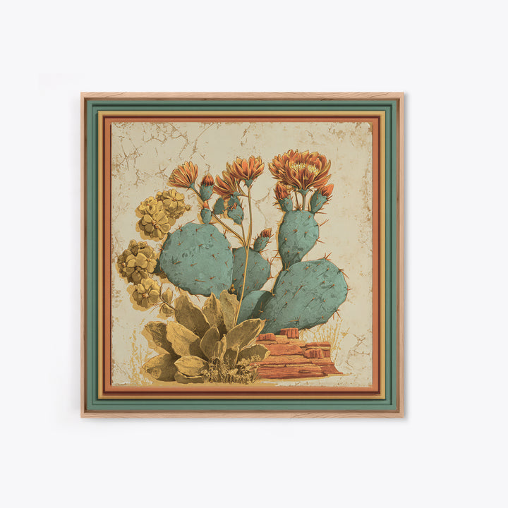 Cactus Botanical Plate Framed Canvas Print, Desert Art, Southwestern Decor, Oil Painting, Desert, Bedroom Wall Art, DES-1x1-8