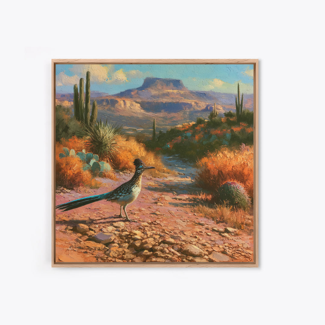 Roadrunner Bird in a Dry Wash Canvas Print, Desert Art, Minimalist Decor, Southwestern Decor, Oil Painting, Desert, Boho, DES-1x1-86