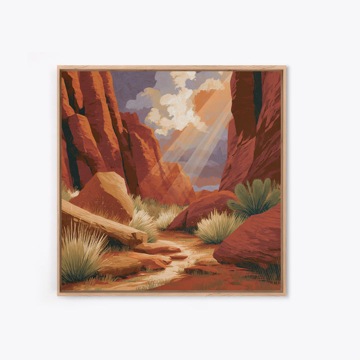 Sandstone Canyon with Dramatic Light Beam Framed Canvas Print, Desert Art, Wall Art, Southwestern Decor, Oil Painting, Desert, DES-1x1-88