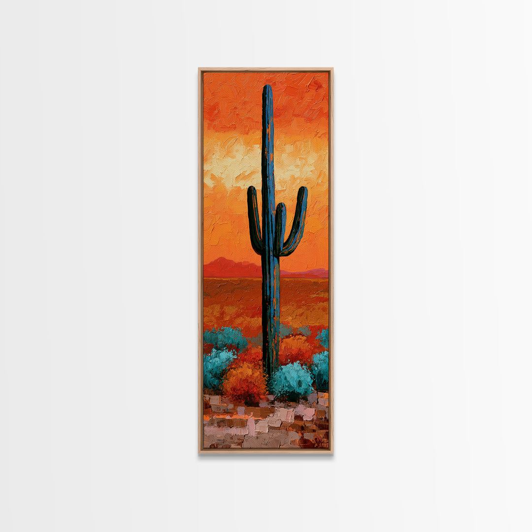Saguaro Cactus under Orange Sunset Sky Canvas Print, Desert Art, Printable Wall Art, Southwestern Decor, Oil Painting, Desert, DES-1x3-13