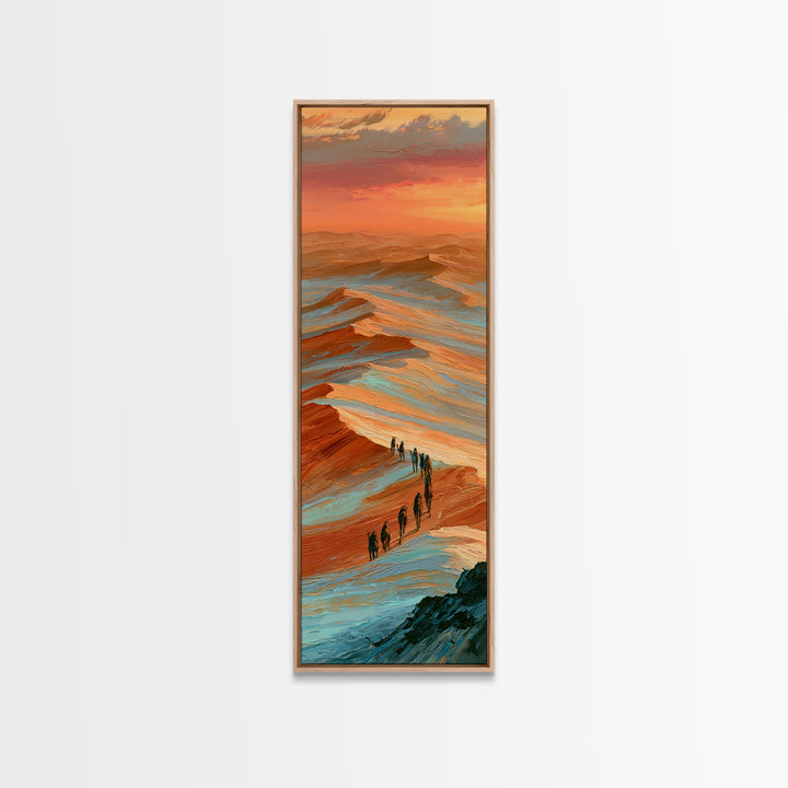 Camel Caravan Crossing Golden Dunes Framed Canvas Print, Desert Art, Mountain Wall Art, Southwestern Decor, Oil Painting, DES-1x3-19