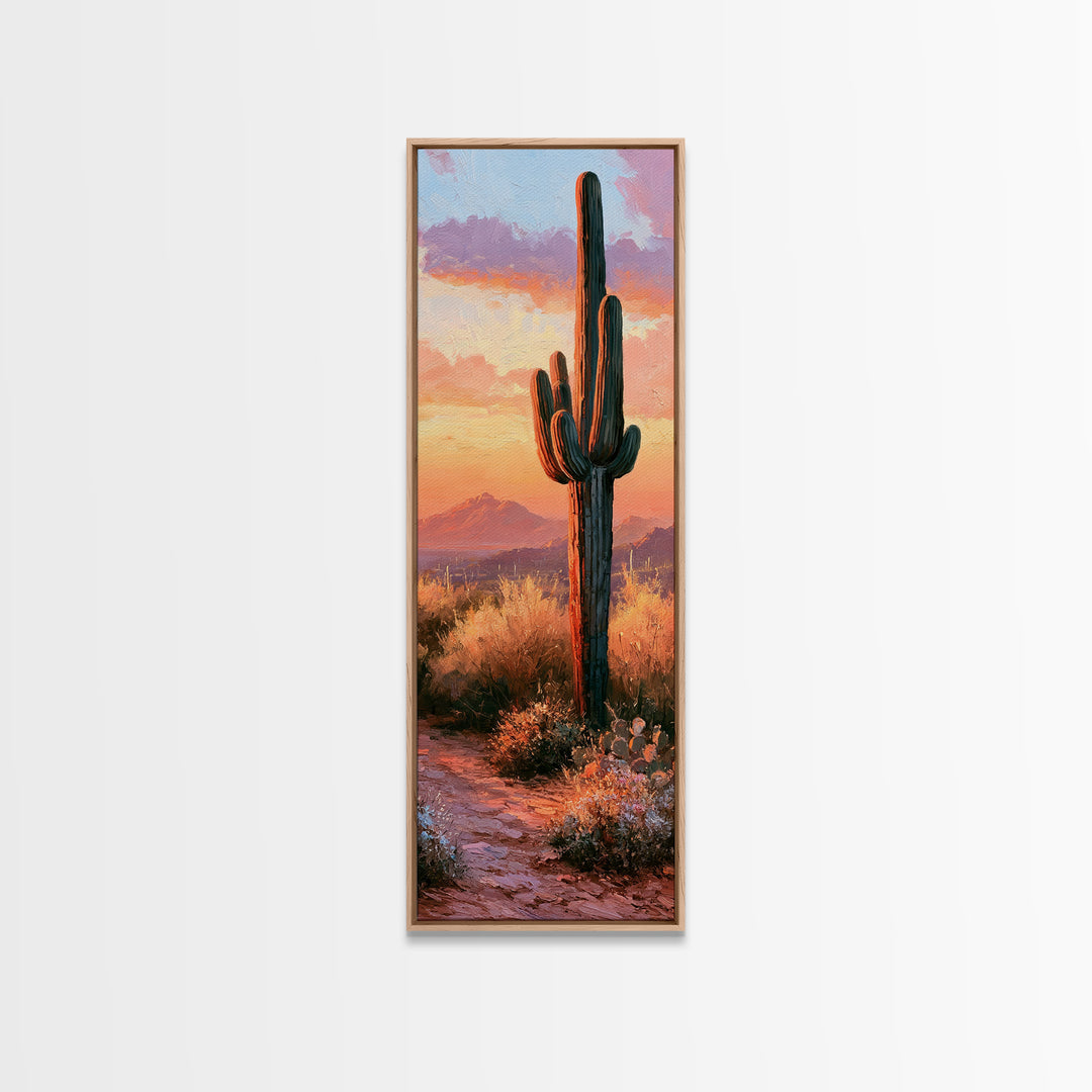 Saguaro Cactus under Orange Sunset Sky Canvas Print, Desert Art, Printable Wall Art, Southwestern Decor, Oil Painting, Desert, DES-1x3-37