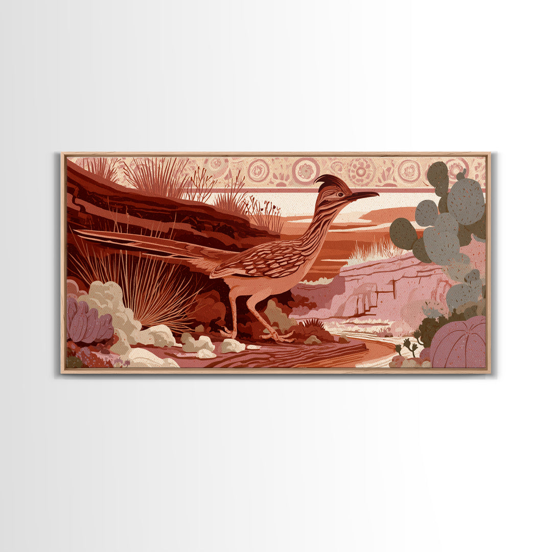 Roadrunner Bird in a Dry Wash Framed Canvas Print, Desert Art, Digital Prints, Southwestern Decor, Desert, Boho Wall Art, DES-2x1-10
