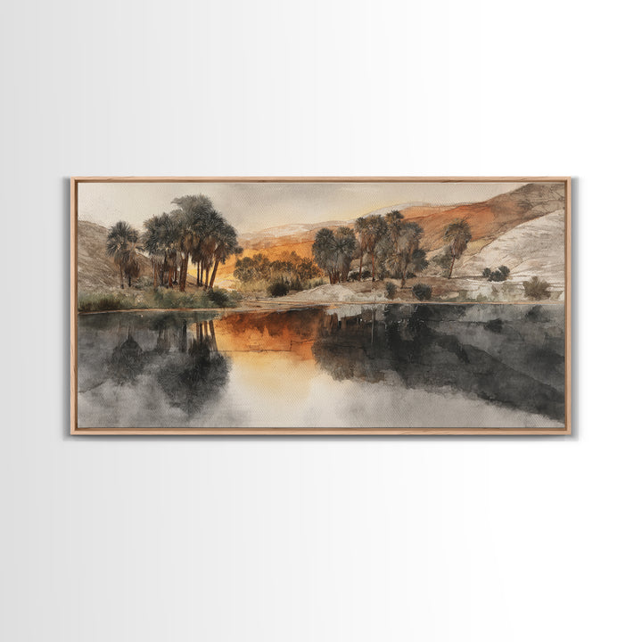 Palm Oasis Reflected Framed Canvas Print, Desert Art, Western Wall Art, Southwestern Decor, Watercolor Art, Desert, DES-2x1-11