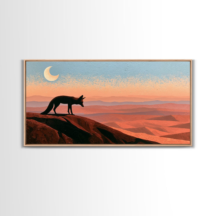 Desert Fox Beneath a Crescent Moon Framed Canvas Print, Desert Art, Original Art, Southwestern Decor, Fine Art, Desert, DES-2x1-37