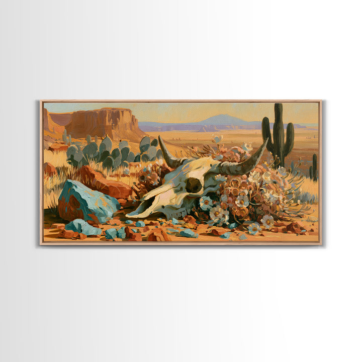 Sun Bleached Skull and Desert Flowers Framed Canvas Print, Desert Art, Art Print, Southwestern Decor, Watercolor Art, Desert, DES-2x1-8