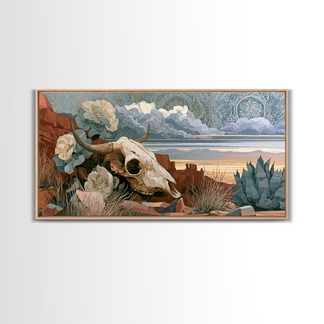 Sun Bleached Skull and Desert Flowers Framed Canvas Print, Desert Art, Modern Wall Art, Southwestern Decor, Oil Painting, DES-2x1-80