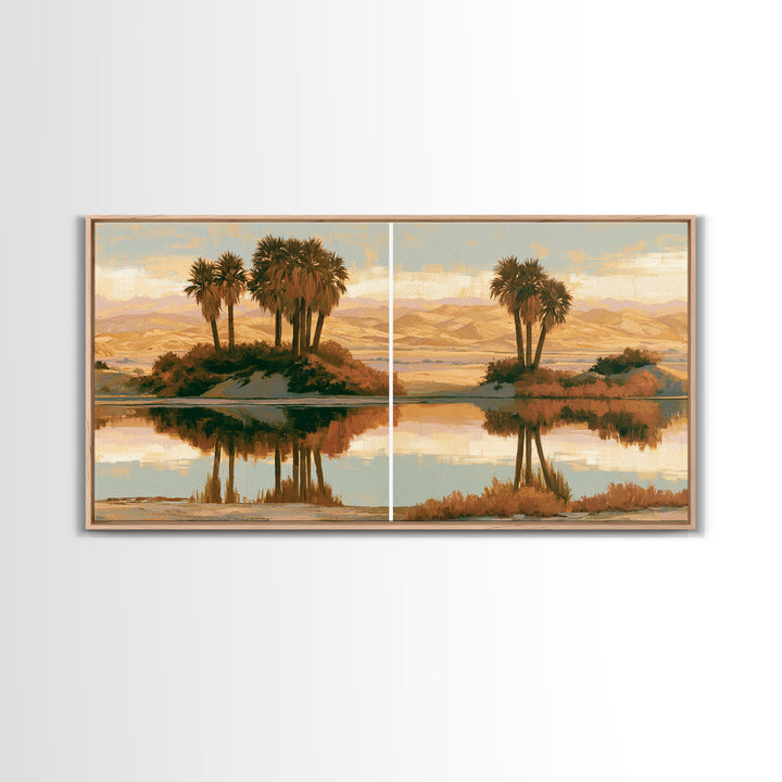 Palm Oasis Reflected Framed Canvas Print, Desert Art, Wall Art Prints, Southwestern Decor, Oil Painting, Desert, Boho Decor, DES-2x1-83