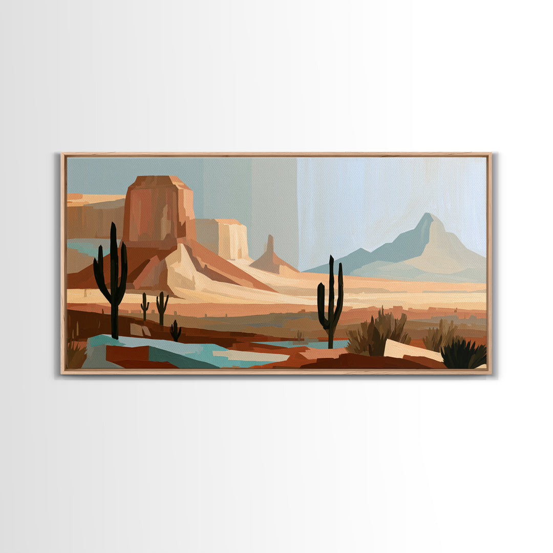 Terracotta and Cream Geometric Landscape Framed Canvas Print, Desert Art, Boho, Southwestern Decor, Watercolor Art, Desert, DES-2x1-86