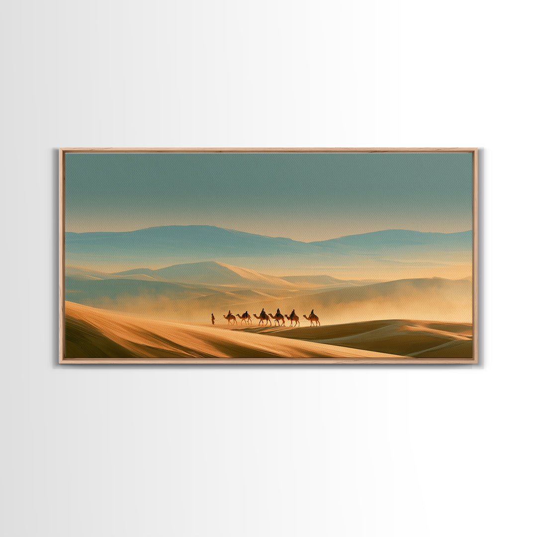 Camel Caravan Crossing Golden Dunes Framed Canvas Print, Desert Art, Western Wall Art, Southwestern Decor, Fine Art, Desert, DES-2x1-99