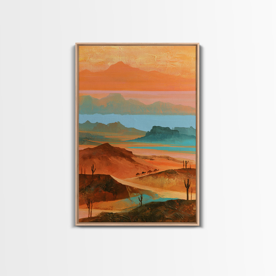 Saharan Dunes with Tiny Caravan Silhouettes Canvas Print, Desert Art, Print, Southwestern Decor, Desert, Watercolor Painting, DES-2x3-10